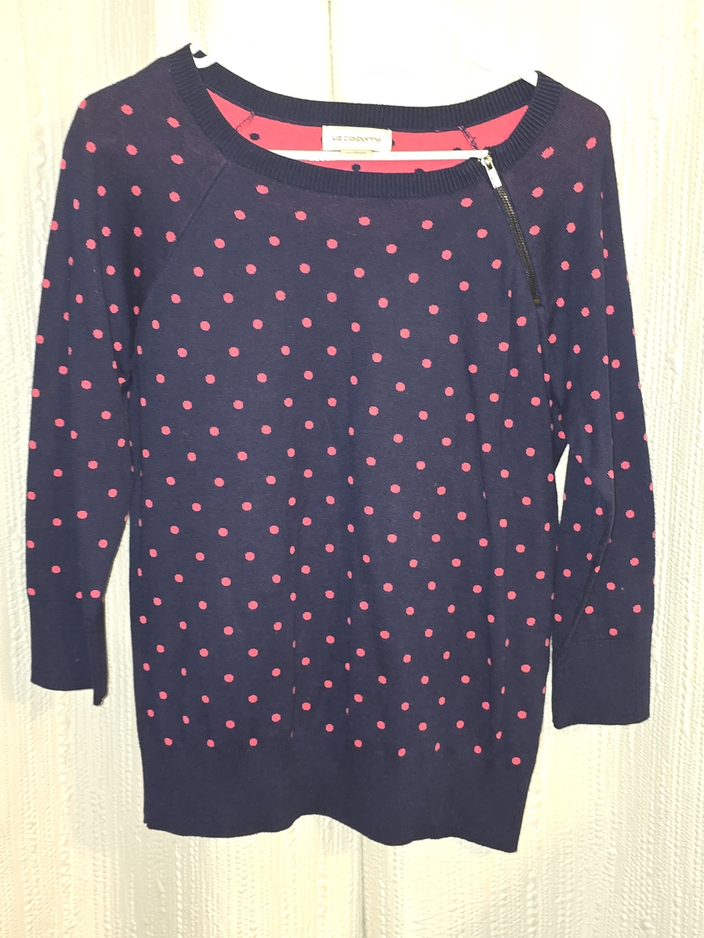 Womens M Liz Claiborne Navy Sweater with Pink Polka Dots and Zip Accent